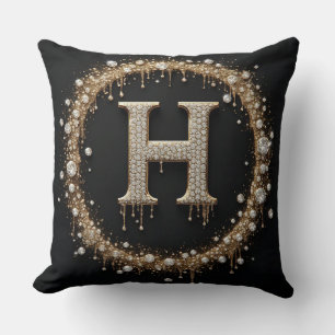 Gold Diamond H Letter Monogram Throw Pillow
