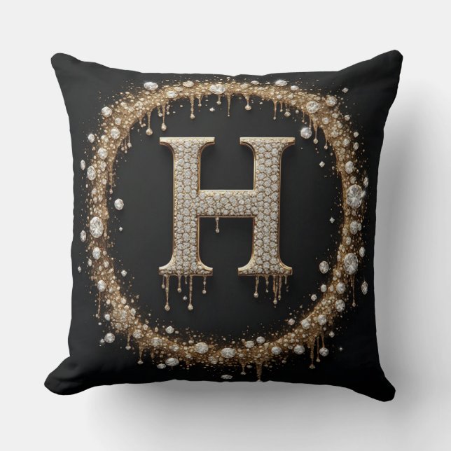 Gold Diamond H Letter Monogram Throw Pillow (Front)