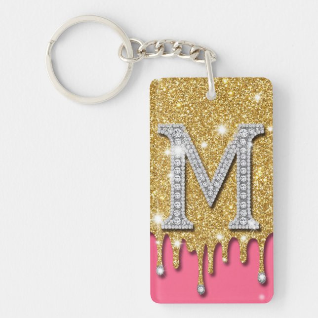 Gold Diamond Initial M Pink Background Gift Idea Keychain (Front)
