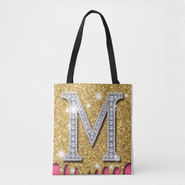 Gold Diamond Initial M Pink Background Gift Idea Tote Bag (Front)
