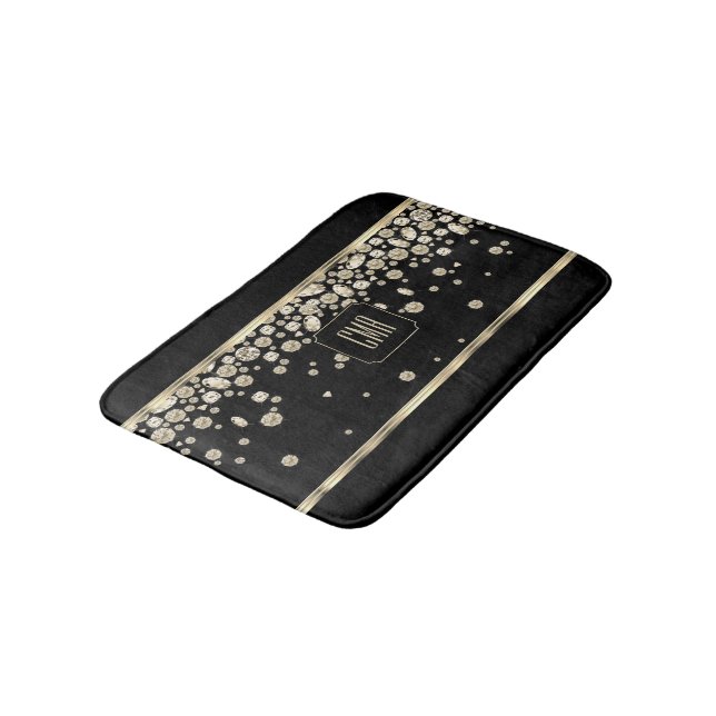 Gold Diamond Jewels on a Black Background Monogram Bath Mat (Angled)