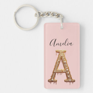 Gold Diamond Letter A Initial Gift Keychain