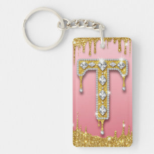 Gold Diamond Monogram Letter T Pink Gift Idea Keychain