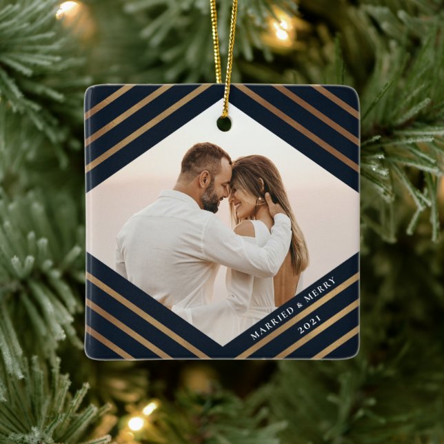 Gold Diamond Navy 2 Photo Married Merry Christmas Ceramic Ornament (Tree)