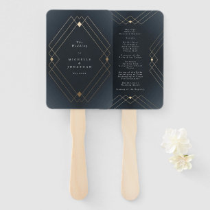 Gold Diamond Navy Geometric Deco Gatsby Wedding Hand Fan