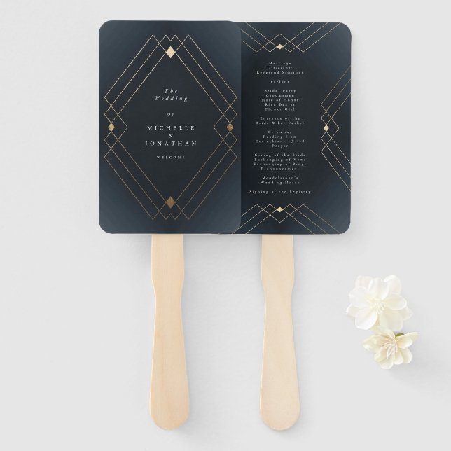 Gold Diamond Navy Geometric Deco Gatsby Wedding Hand Fan (Front and Back)