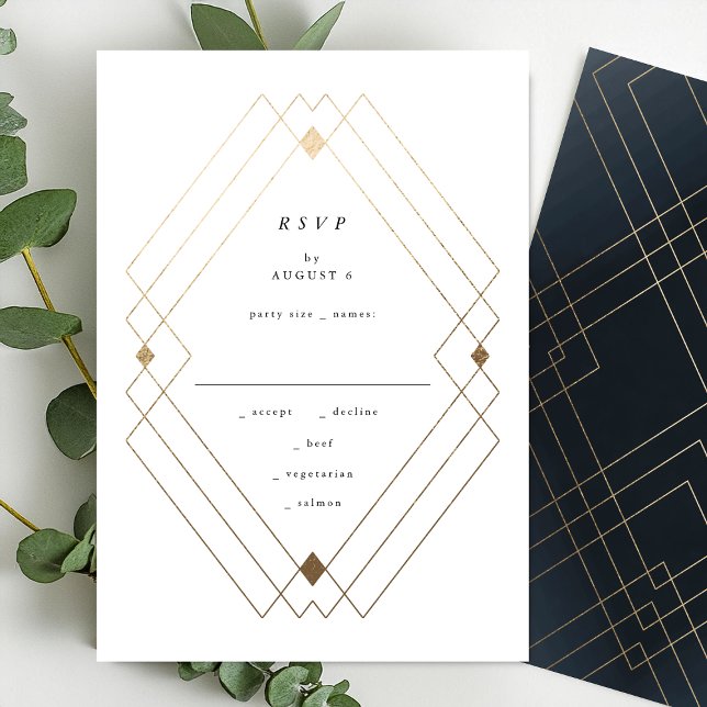 Gold Diamond Navy Geometric Deco Gatsby Wedding RSVP Card (Creator Uploaded)