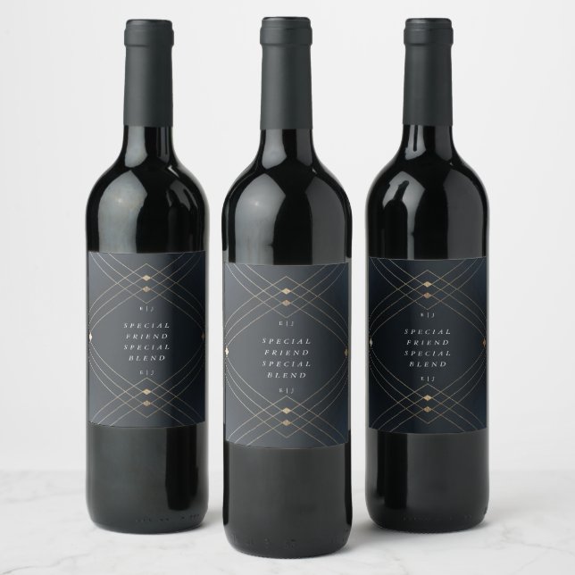 Gold Diamond Navy Geometric Deco Gatsby Wedding Wine Label (Bottles)