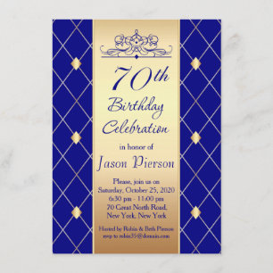 Gold diamond pattern on blue 70th Birthday Party Invitation