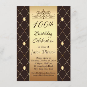 Gold diamond pattern on brown 100th Birthday Party Invitation