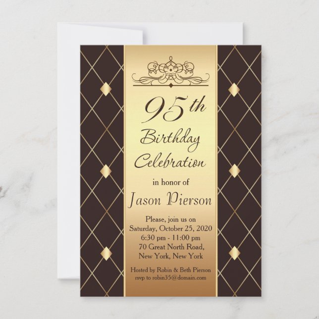 Gold diamond pattern on brown 95th Birthday Party Invitation (Front)