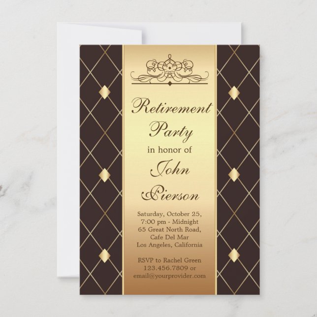 Gold diamond pattern on brown Retirement Party Invitation (Front)