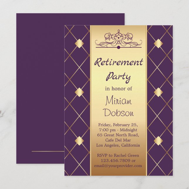 Gold diamond pattern on purple Retirement Party Invitation (Front/Back)