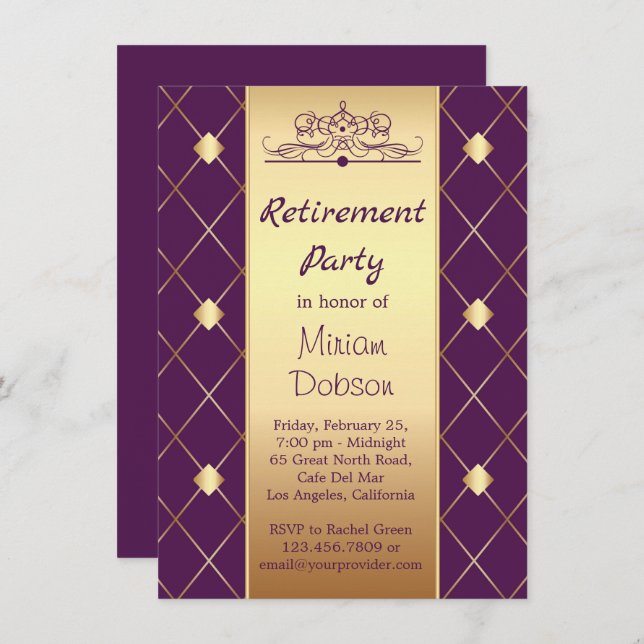 Gold diamond pattern on purple Retirement Party Invitation (Front/Back)