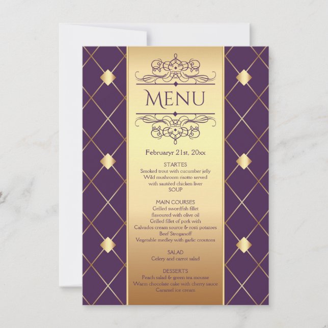 Gold diamond pattern on royal purple Wedding Menu Invitation (Front)