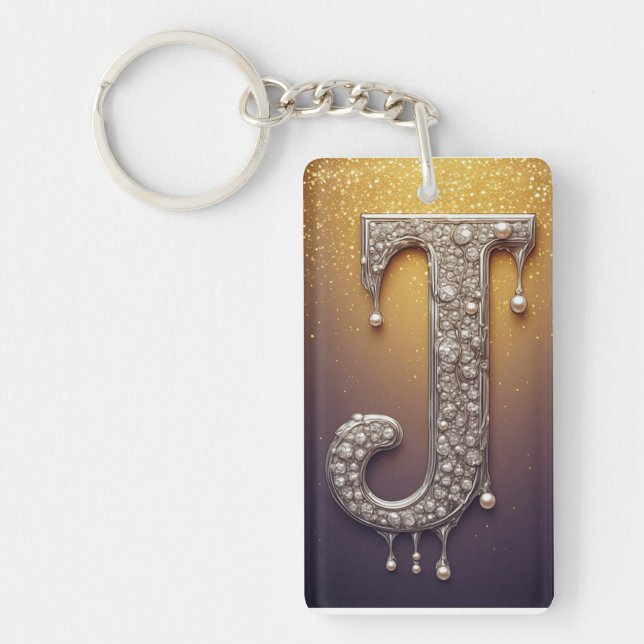 Gold Diamond Pearl Letter J Custom Keychain Gift (Front)
