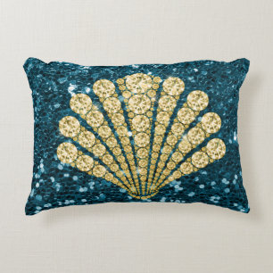 Gold Diamond Seashell Teal Faux Glitter Accent Pillow