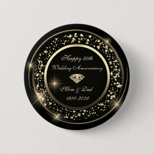 Gold Diamond Shiny Black  50th Wedding Anniversary 2 Inch Round Button