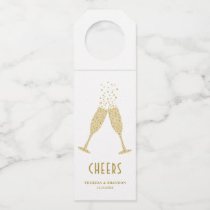 Gold Diamond Sparkling Champagne Glasses Wedding Bottle Tag