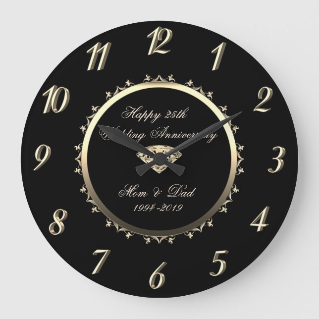 Gold Diamond Swirls 25th Wedding Anniversary Large Clock (Front)