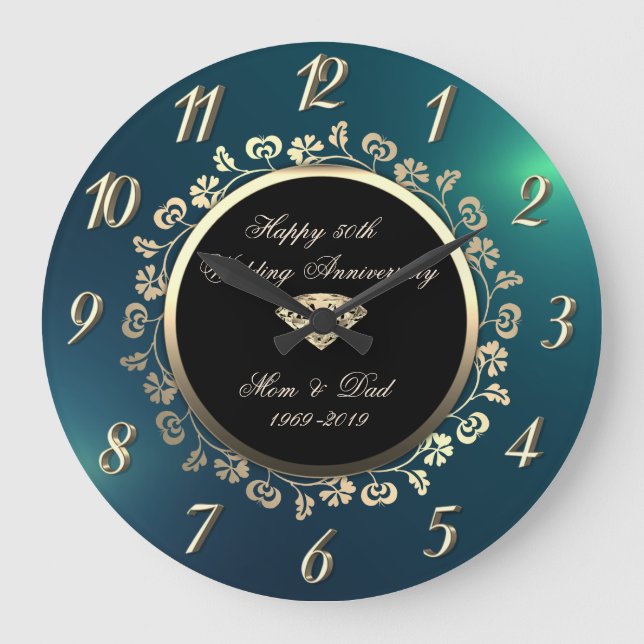 Gold Diamond Swirls,Green 50th Wedding Anniversary Large Clock (Front)