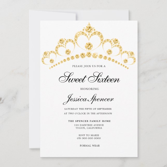 Gold Diamond Tiara Sweet 16 Party Invite (Front)