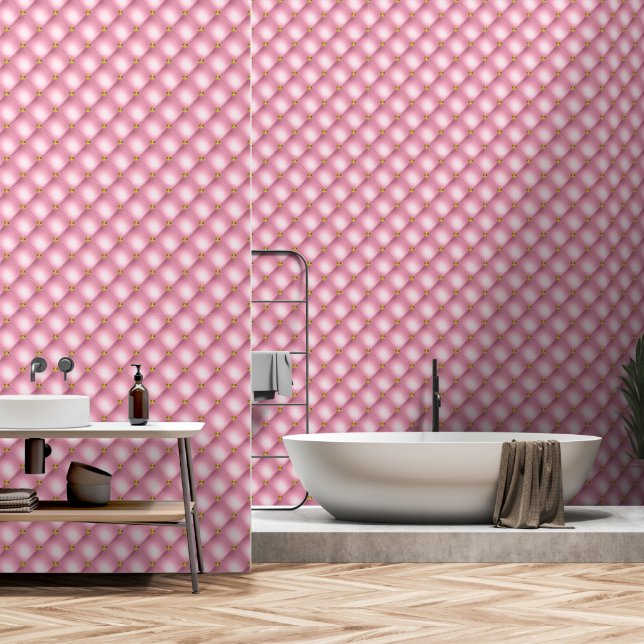 Gold Diamond Tufted Blush Pink Wallpaper (Bathroom)