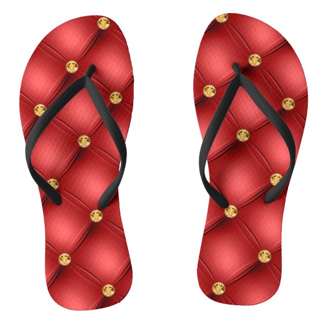 Gold Diamond Tufted Leather Red Flip Flops (Footbed)