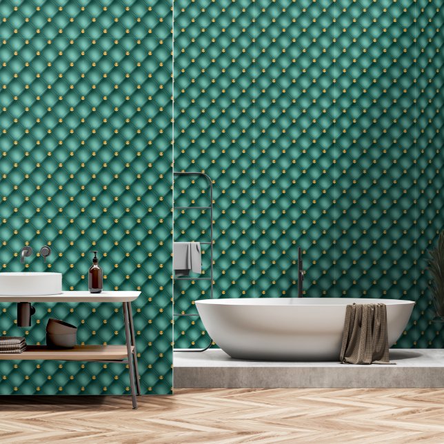 Gold Diamond Tufted Teal Wallpaper (Bathroom)