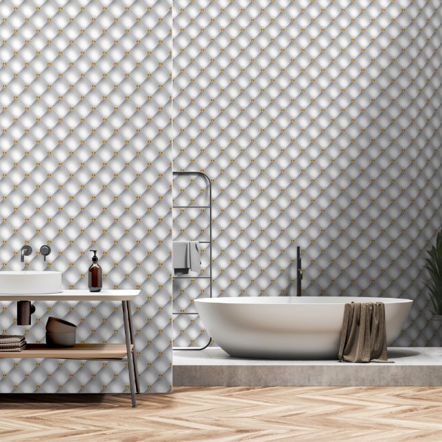 Gold Diamond Tufted White Wallpaper (Bathroom)