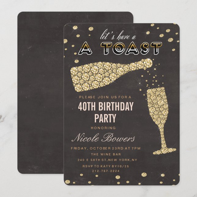 Gold Diamond Vin Verre Anniversaire Invitation (Devant / Derrière)