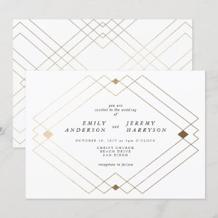 Gold Diamond White Geometric Deco Gatsby Wedding Invitation