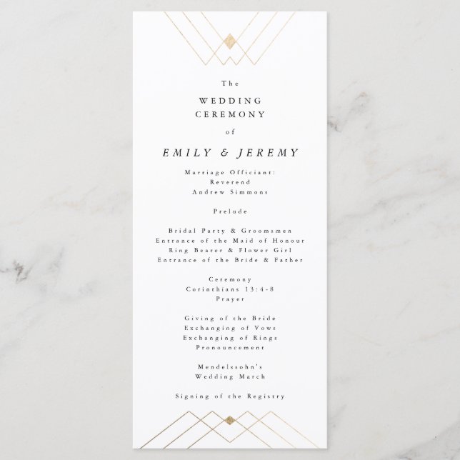 Gold Diamond White Geometric Deco Gatsby Wedding Program (Front)