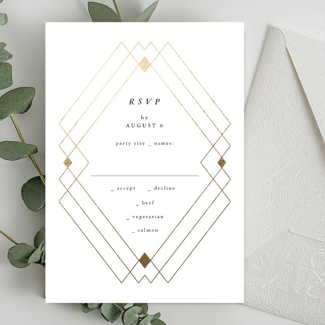 Gold Diamond White Geometric Deco Gatsby Wedding RSVP Card (Creator Uploaded)