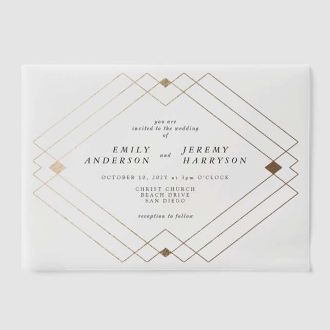 Gold Diamond White Geometric Deco Gatsby Wedding Vellum Invitations (Front)