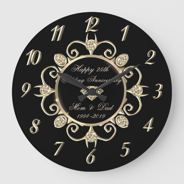 Gold Diamonds 25th Wedding Anniversary Large Clock (Front)