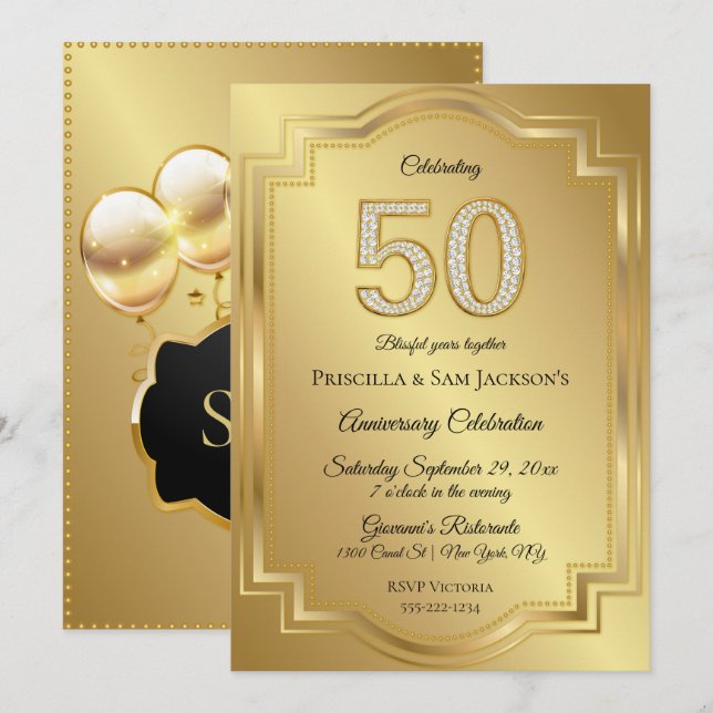 Gold & Diamonds 50th Birthday Anniversary Invitation (Front/Back)