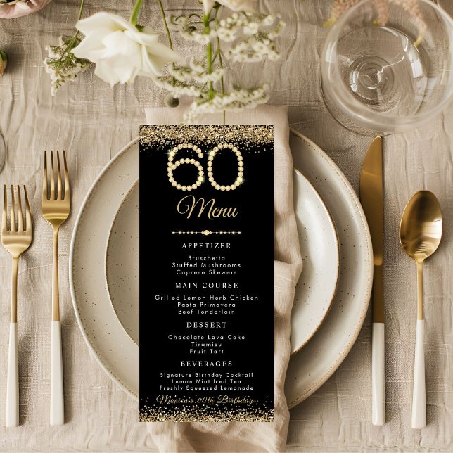 Gold Diamonds 60th Birthday Dinner Flat Menu (Gold Diamonds 60th Birthday Party menu card)