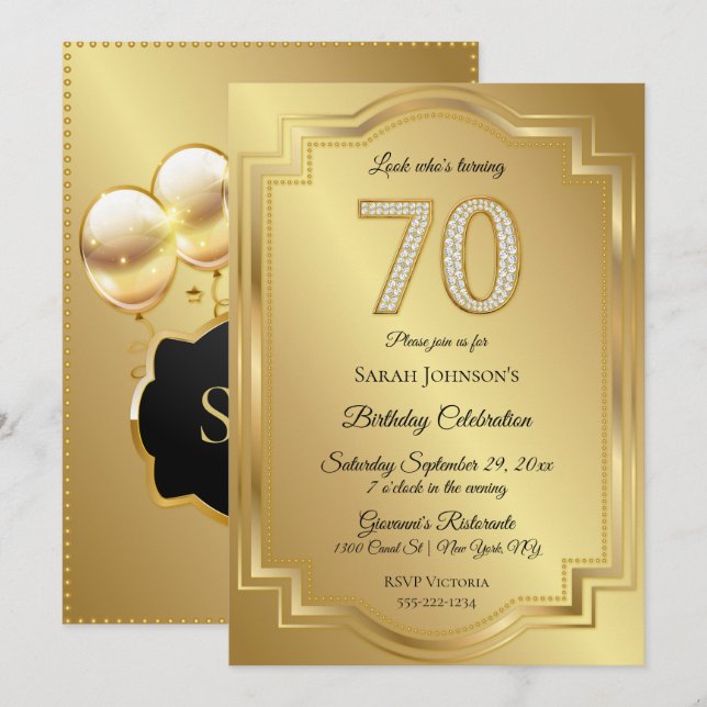 Gold & Diamonds 70th Birthday Anniversary Invitation (Front/Back)