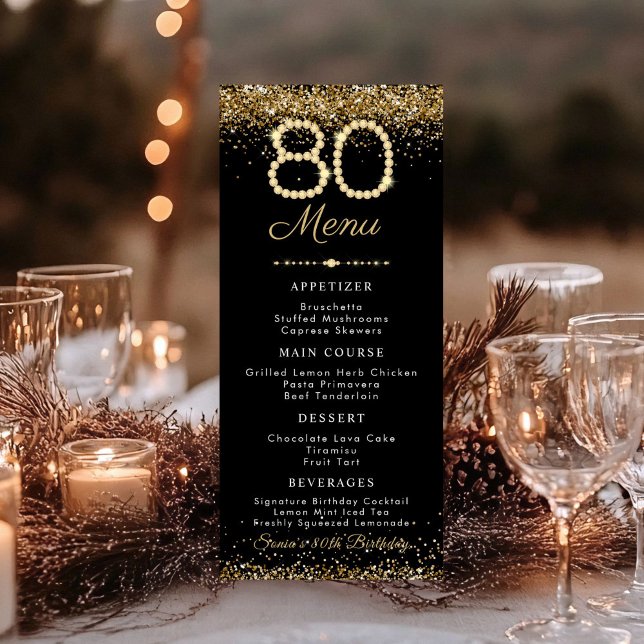Gold Diamonds 80th Birthday Dinner Flat Menu (Gold Diamonds 80th Birthday Dinner Menu card)