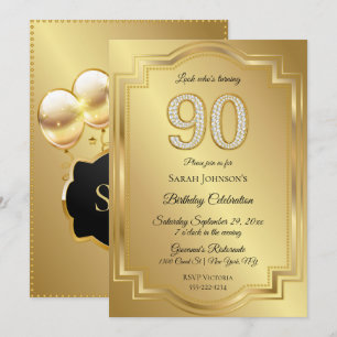 Gold & Diamonds 90th Birthday Anniversary Invitation