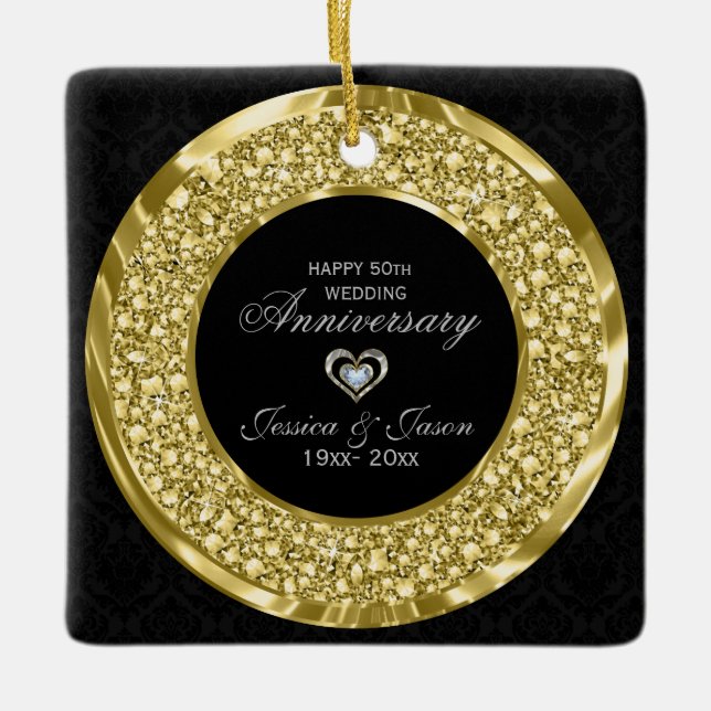Gold Diamonds And Black Damask. 50th Anniversary Ceramic Ornament (Front)