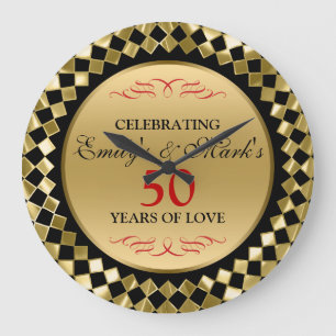 Gold Diamonds And Red Swirls- 50th Anniversary Large Clock