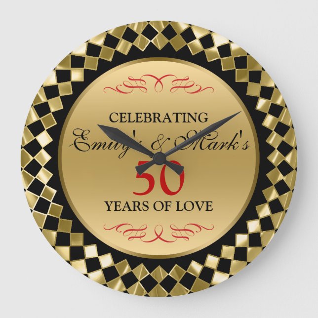 Gold Diamonds And Red Swirls- 50th Anniversary Large Clock (Front)