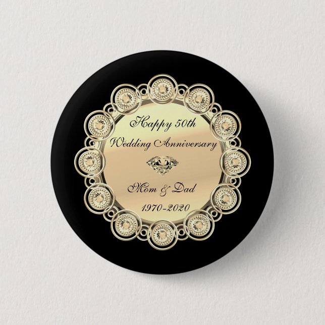Gold Diamonds Black  50th Wedding Anniversary 2 Inch Round Button (Front)