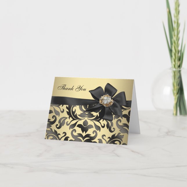Gold Diamonds Black Damask Merci Cartes (Devant)