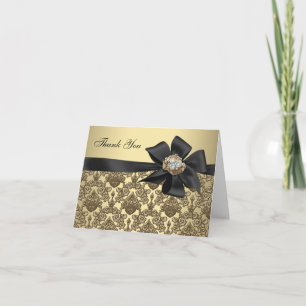 Gold Diamonds Black Damask Thank You Cards