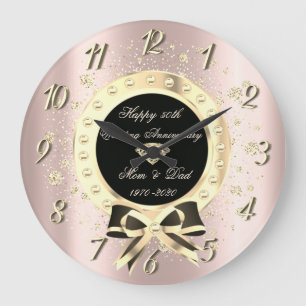 Gold Diamonds Bow Confetti Rose Gold Anniversary Large Clock