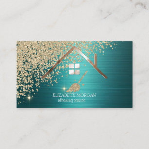 Gold Diamonds Broom House Green Metallic Business Card