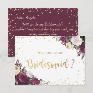 Gold Diamonds Burgundy Floral Bridesmaid Card